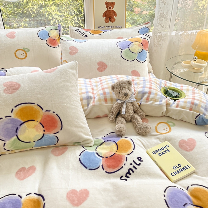 91家纺网 家纺一手货源 找家纺 桃子家居 2022新款ins小清新韩系加厚牛奶绒系列四件套 绒-五彩花