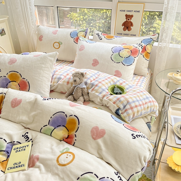 91家纺网 家纺一手货源 找家纺 桃子家居 2022新款ins小清新韩系加厚牛奶绒系列四件套 绒-五彩花