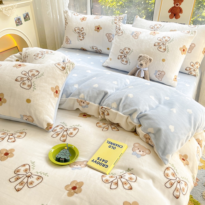 91家纺网 家纺一手货源 找家纺 桃子家居 2022新款ins小清新韩系加厚牛奶绒系列四件套 绒-小熊的梦