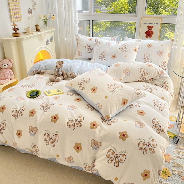 91家纺网 家纺一手货源 找家纺 桃子家居 2022新款ins小清新韩系加厚牛奶绒系列四件套 绒-小熊的梦