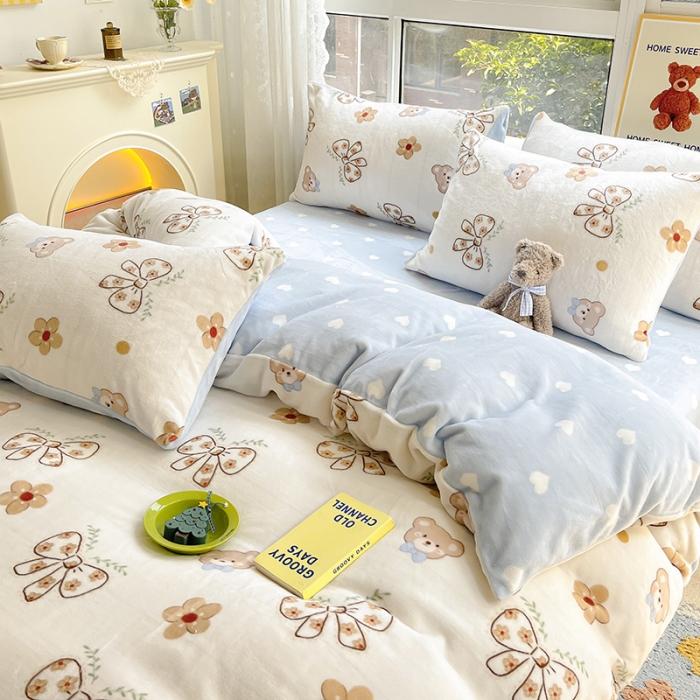 91家纺网 家纺一手货源 找家纺 桃子家居 2022新款ins小清新韩系加厚牛奶绒系列四件套 绒-小熊的梦