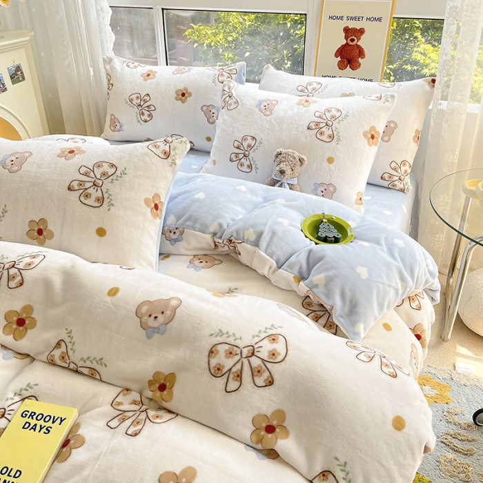 91家纺网 家纺一手货源 找家纺 桃子家居 2022新款ins小清新韩系加厚牛奶绒系列四件套 绒-小熊的梦