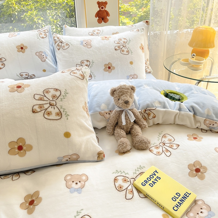 91家纺网 家纺一手货源 找家纺 桃子家居 2022新款ins小清新韩系加厚牛奶绒系列四件套 绒-小熊的梦