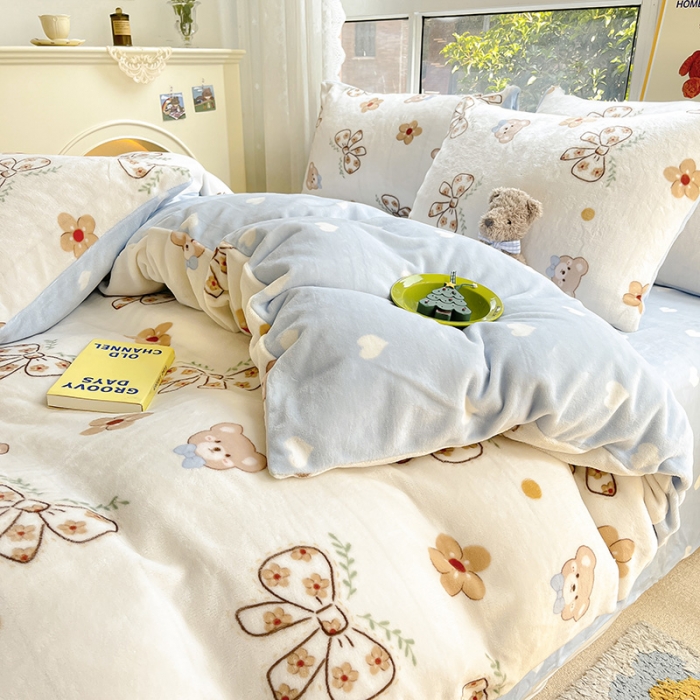 91家纺网 家纺一手货源 找家纺 桃子家居 2022新款ins小清新韩系加厚牛奶绒系列四件套 绒-小熊的梦