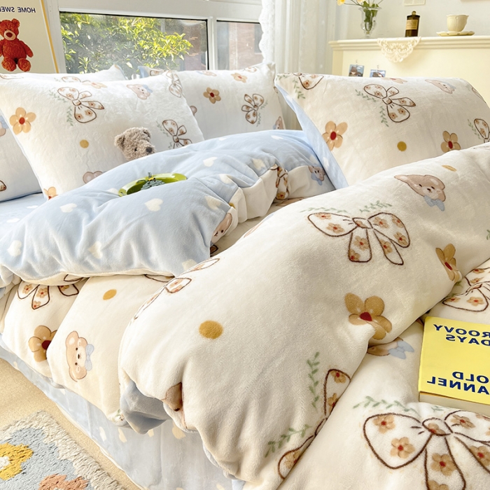 91家纺网 家纺一手货源 找家纺 桃子家居 2022新款ins小清新韩系加厚牛奶绒系列四件套 绒-小熊的梦