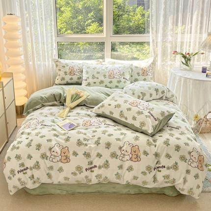 桃子家居 2022新款ins小清新韩系加厚牛奶绒系列四件套 绒-熊兔小伙伴