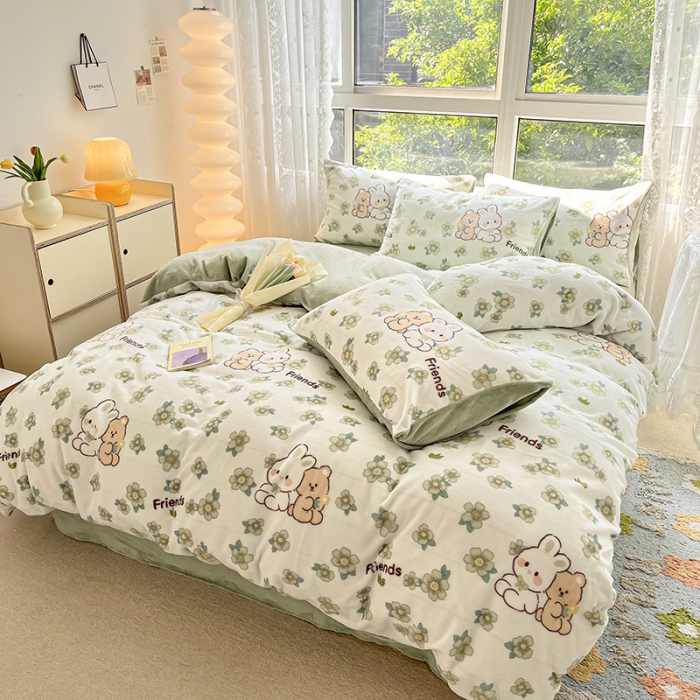 91家纺网 家纺一手货源 找家纺 桃子家居 2022新款ins小清新韩系加厚牛奶绒系列四件套 绒-熊兔小伙伴