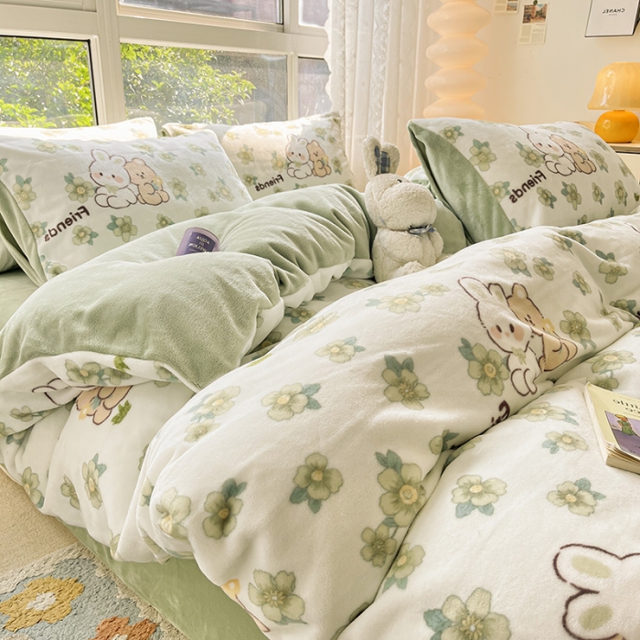 91家纺网 家纺一手货源 找家纺 桃子家居 2022新款ins小清新韩系加厚牛奶绒系列四件套 绒-熊兔小伙伴