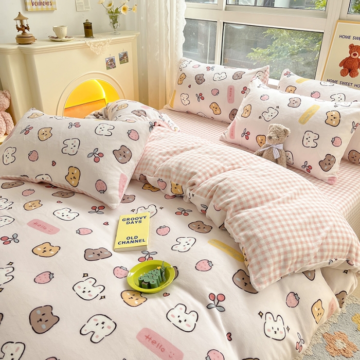 91家纺网 家纺一手货源 找家纺 桃子家居 2022新款ins小清新韩系加厚牛奶绒系列四件套 绒-晚安甜心