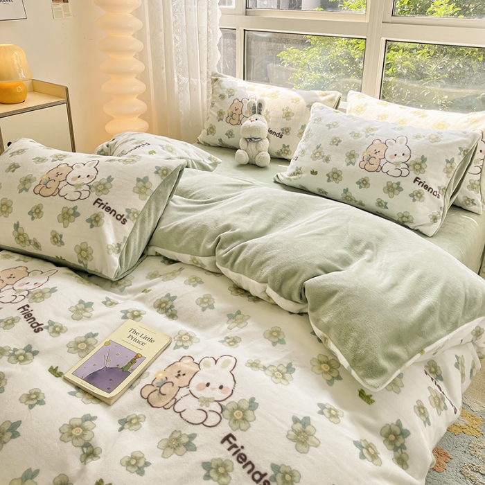 91家纺网 家纺一手货源 找家纺 桃子家居 2022新款ins小清新韩系加厚牛奶绒系列四件套 绒-熊兔小伙伴