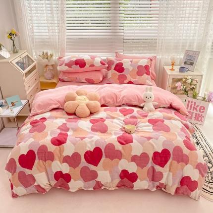 桃子家居 2022新款ins小清新韩系加厚牛奶绒系列四件套 绒-爱心满满2