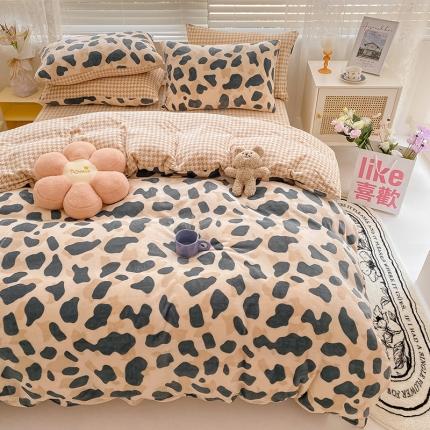 桃子家居 2022新款ins小清新韩系加厚牛奶绒系列四件套 绒-豹点点绿咖2