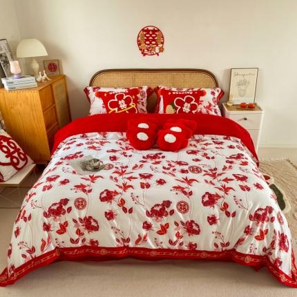 91家纺网 家纺一手货源 找家纺 用心2022新款高端数码印花刺绣款婚庆四件套系列2 云喜