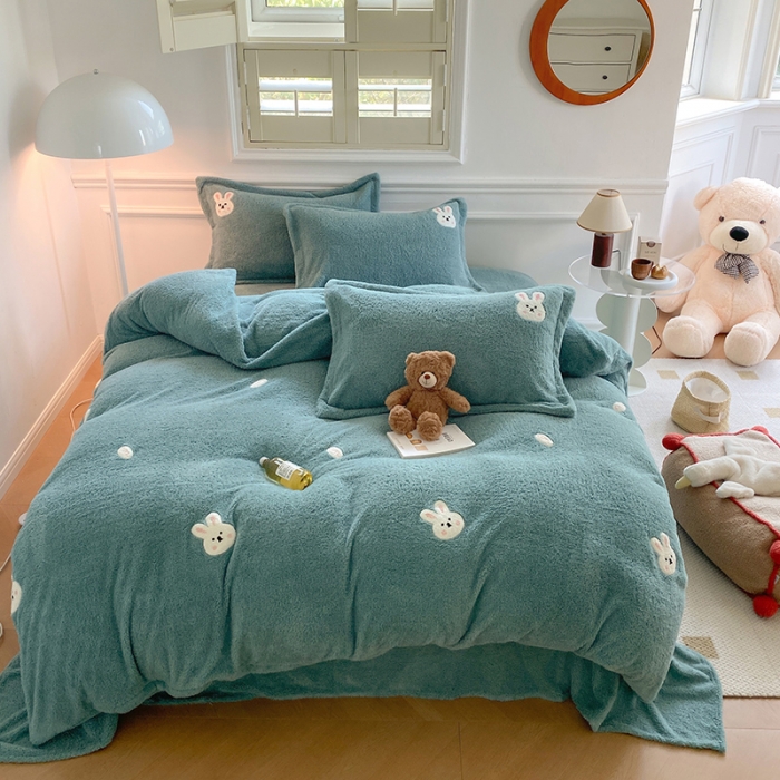 91家纺网 家纺一手货源 找家纺 萝莉家纺 230克高克重软绵绵的泰迪绒四件套 小免蓝