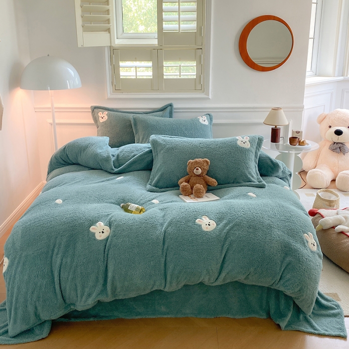 91家纺网 家纺一手货源 找家纺 萝莉家纺 230克高克重软绵绵的泰迪绒四件套 小免蓝