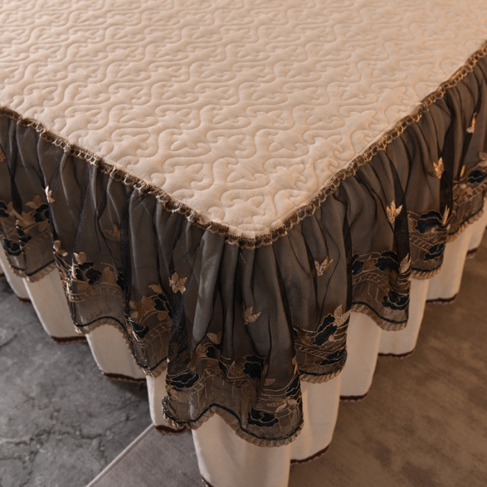 91家纺网 家纺一手货源 找家纺 美达水晶绒纯色夹棉床裙盛世皇朝系列床裙三件套 盛世皇朝-米白