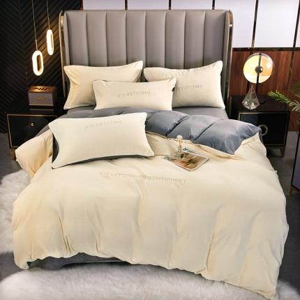 贝拉梦 2023新款全消光加厚牛奶绒素色绣花四件套系列奶油白