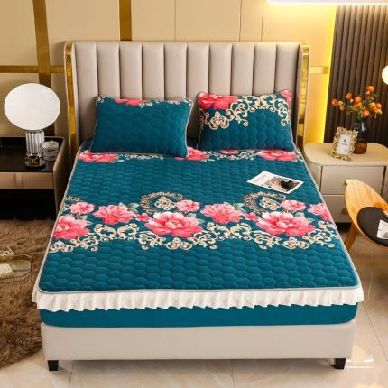 91家纺网 家纺一手货源 找家纺 情煊家纺 2022新款牛奶绒印花单品夹棉床笠花边款 花开富贵