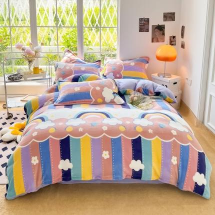 91家纺网 家纺一手货源 找家纺 米莱 2022新款牛奶绒小清新印花四件套 彩虹甜心