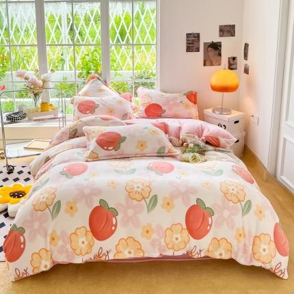 91家纺网 家纺一手货源 找家纺 米莱 2022新款牛奶绒小清新印花四件套 恋之桃桃