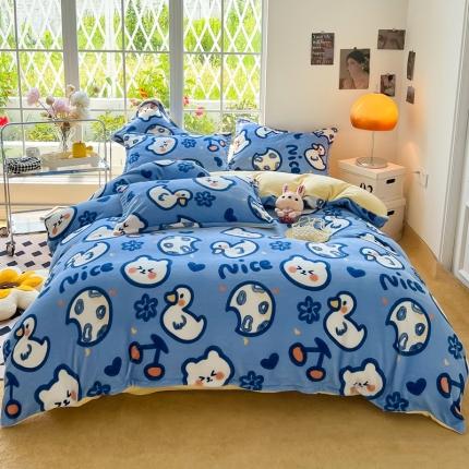 91家纺网 家纺一手货源 找家纺 米莱 2022新款牛奶绒小清新印花四件套 维尼伙伴