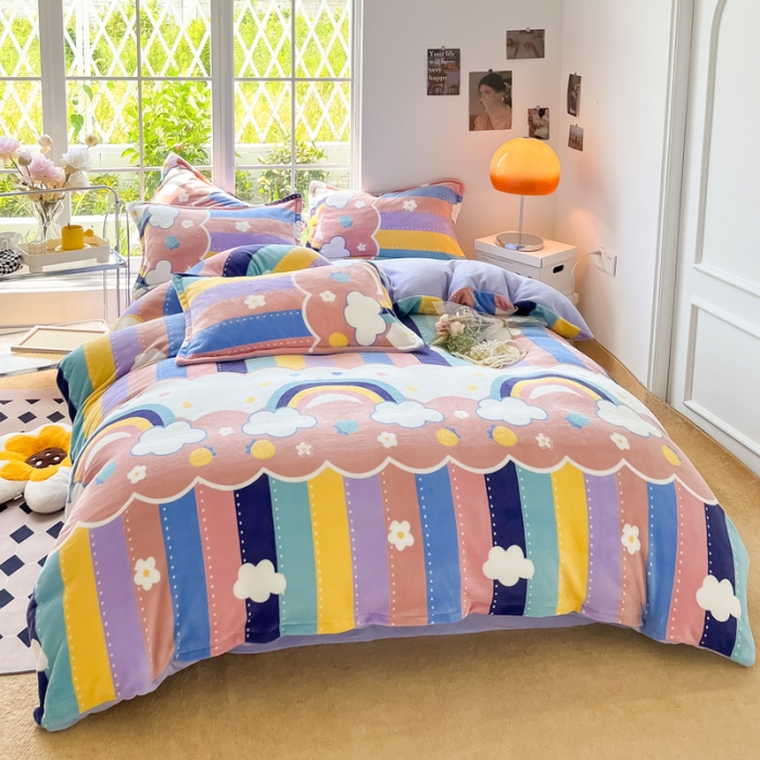 91家纺网 家纺一手货源 找家纺 米莱 2022新款牛奶绒小清新印花四件套 彩虹甜心