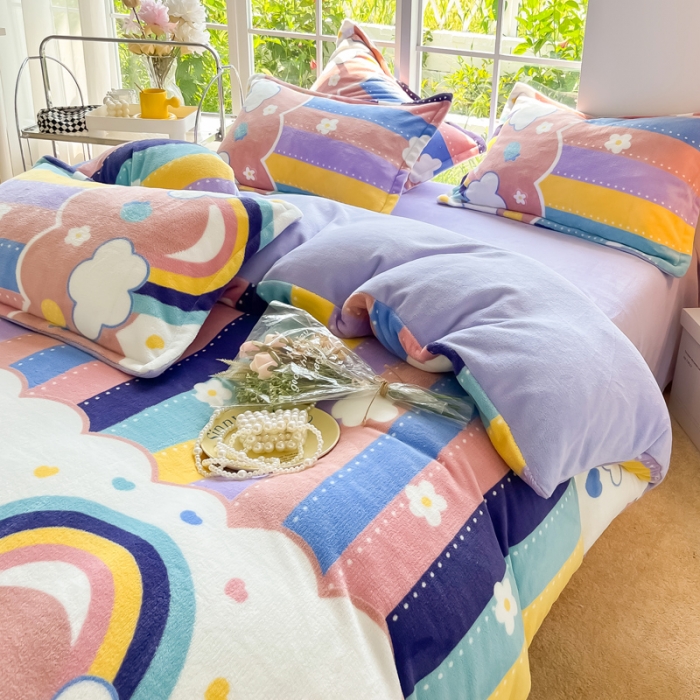 91家纺网 家纺一手货源 找家纺 米莱 2022新款牛奶绒小清新印花四件套 彩虹甜心