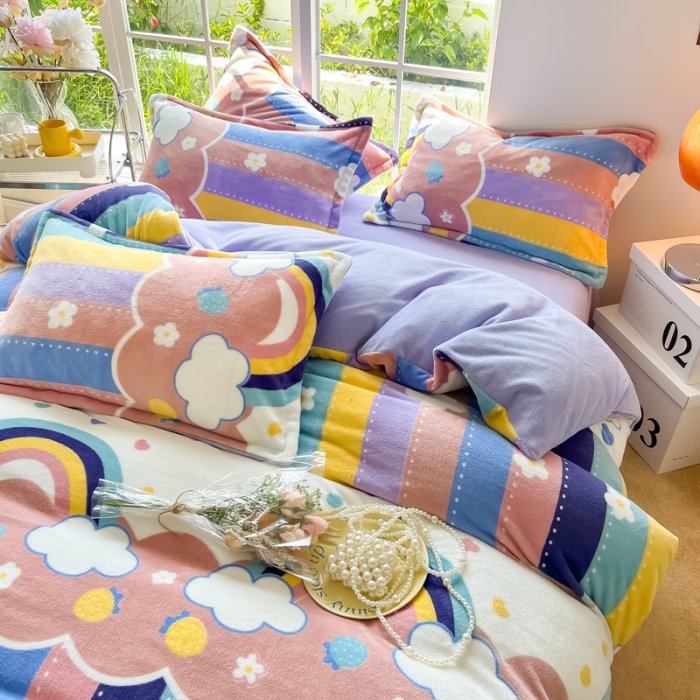 91家纺网 家纺一手货源 找家纺 米莱 2022新款牛奶绒小清新印花四件套 彩虹甜心