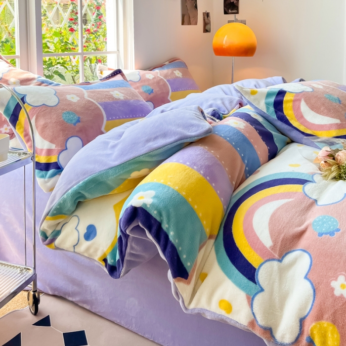 91家纺网 家纺一手货源 找家纺 米莱 2022新款牛奶绒小清新印花四件套 彩虹甜心