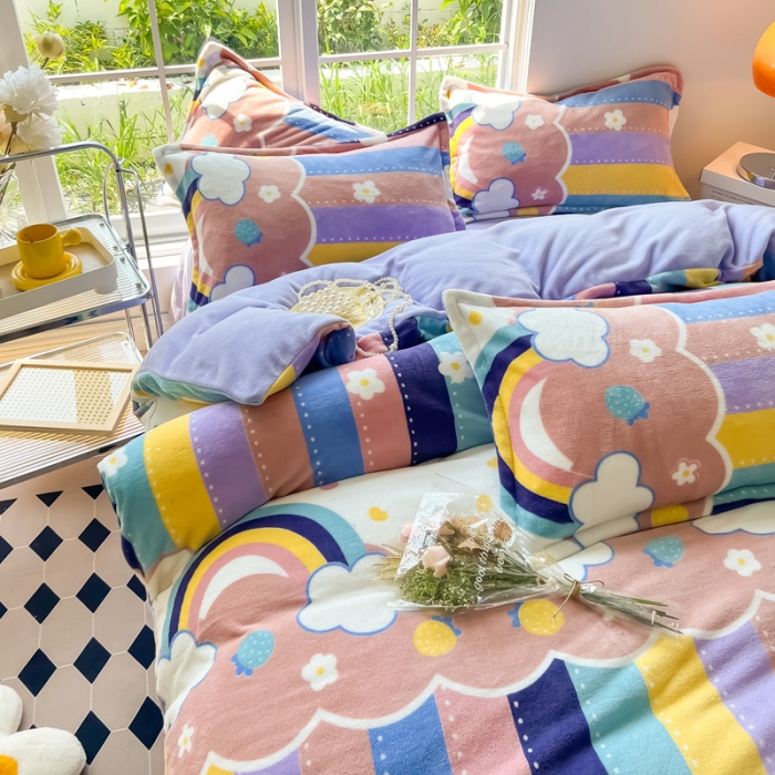 91家纺网 家纺一手货源 找家纺 米莱 2022新款牛奶绒小清新印花四件套 彩虹甜心