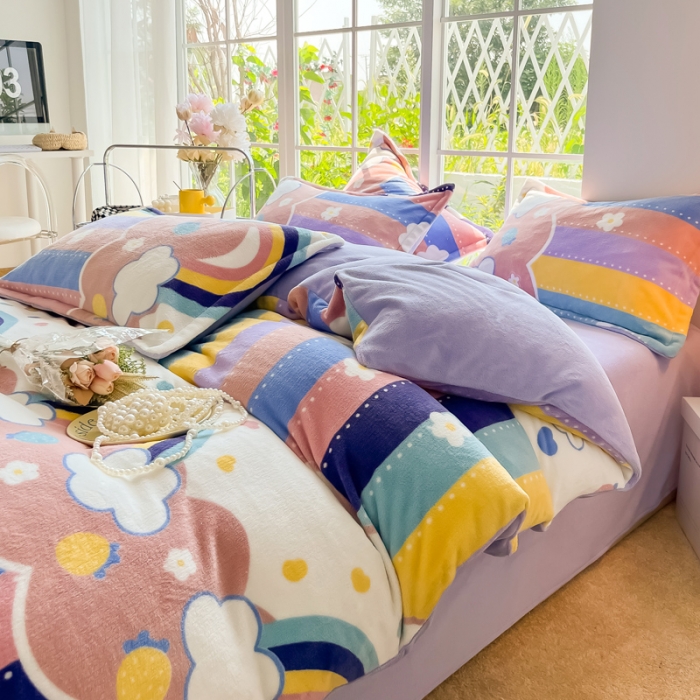 91家纺网 家纺一手货源 找家纺 米莱 2022新款牛奶绒小清新印花四件套 彩虹甜心