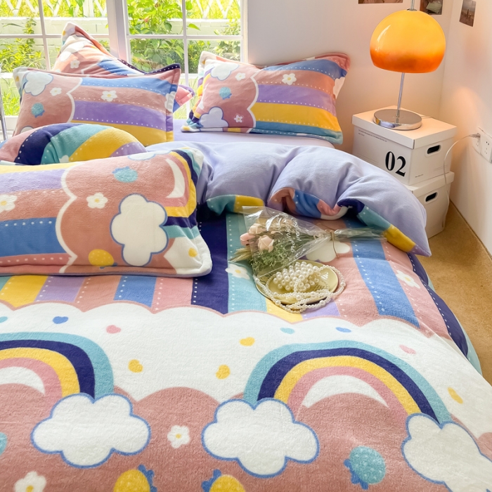 91家纺网 家纺一手货源 找家纺 米莱 2022新款牛奶绒小清新印花四件套 彩虹甜心