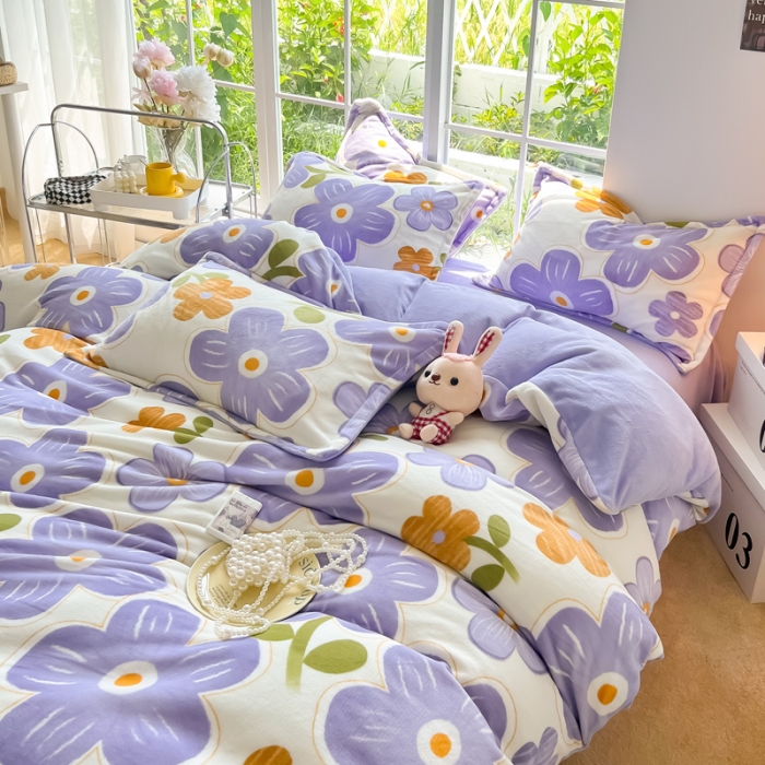 91家纺网 家纺一手货源 找家纺 米莱 2022新款牛奶绒小清新印花四件套 花海