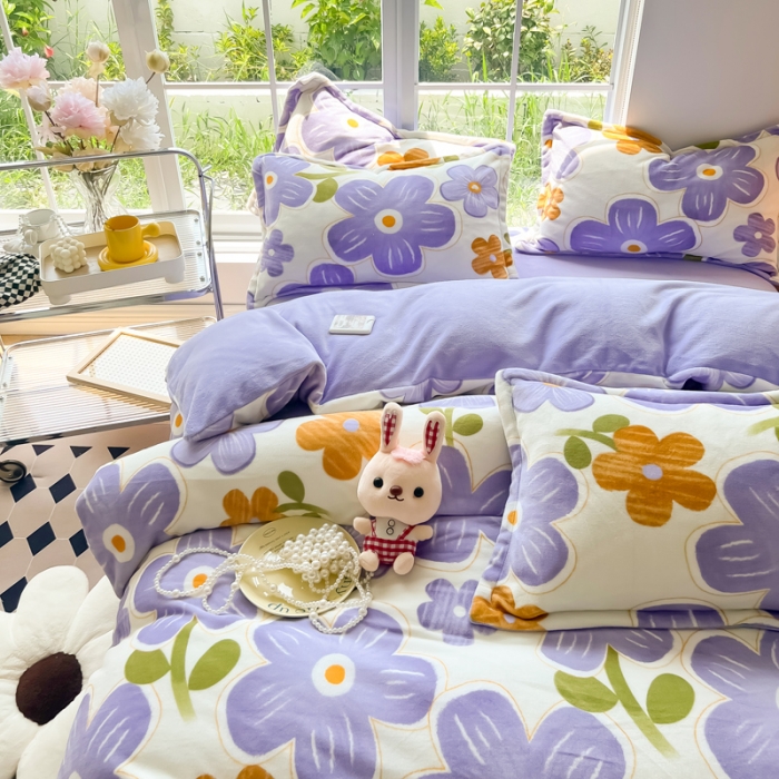 91家纺网 家纺一手货源 找家纺 米莱 2022新款牛奶绒小清新印花四件套 花海