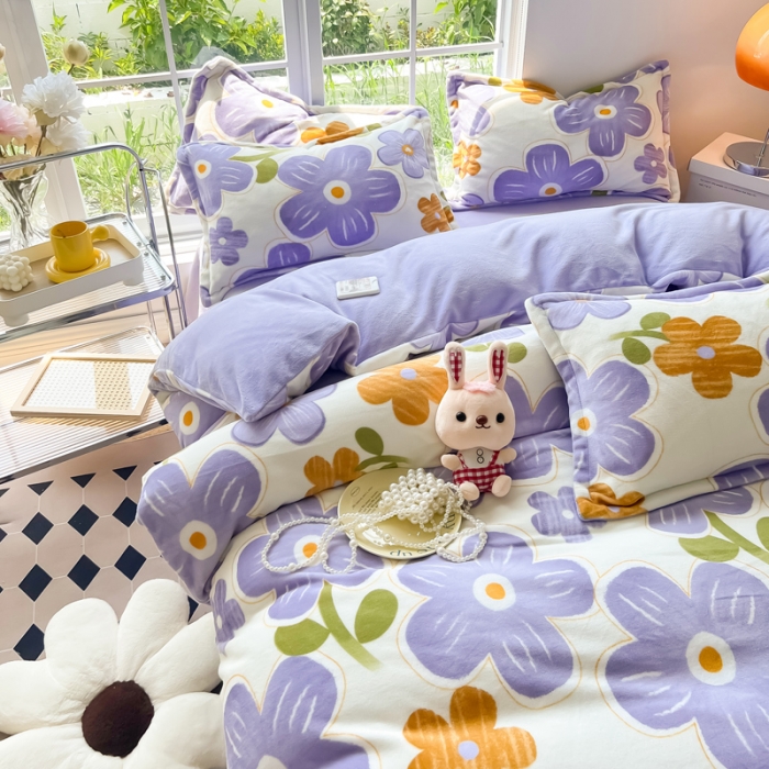 91家纺网 家纺一手货源 找家纺 米莱 2022新款牛奶绒小清新印花四件套 花海