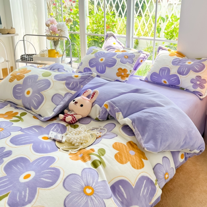 91家纺网 家纺一手货源 找家纺 米莱 2022新款牛奶绒小清新印花四件套 花海