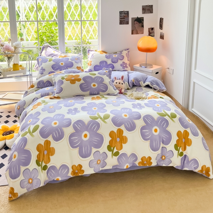 91家纺网 家纺一手货源 找家纺 米莱 2022新款牛奶绒小清新印花四件套 花海