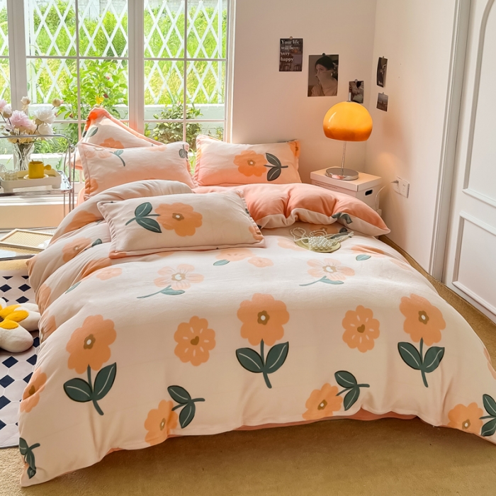 91家纺网 家纺一手货源 找家纺 米莱 2022新款牛奶绒小清新印花四件套 花溪满满