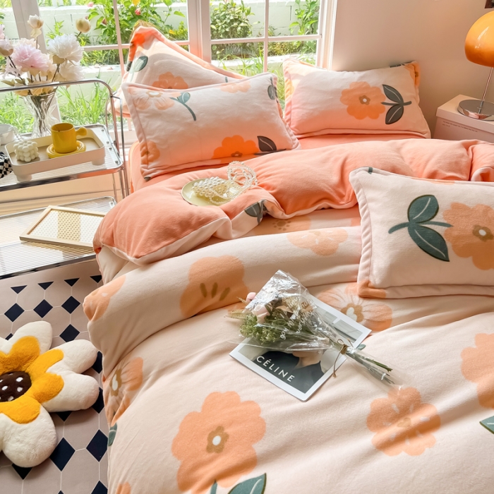 91家纺网 家纺一手货源 找家纺 米莱 2022新款牛奶绒小清新印花四件套 花溪满满