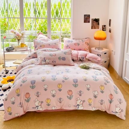 米莱 2022新款牛奶绒小清新印花四件套 花园兔