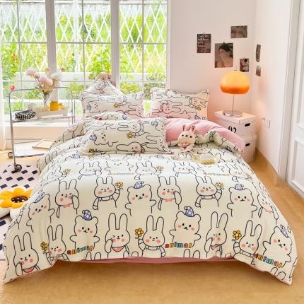 米莱 2022新款牛奶绒小清新印花四件套 萌萌兔