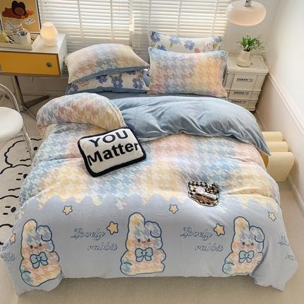 91家纺网 家纺一手货源 找家纺 澳萝拉 2022新款牛奶绒印花四件套 千鸟格兔