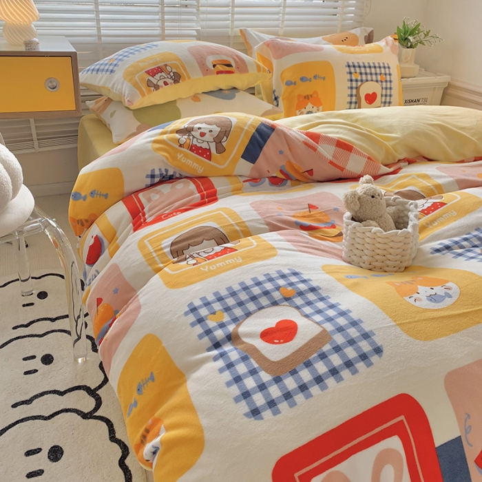 91家纺网 家纺一手货源 找家纺 澳萝拉 2022新款牛奶绒印花四件套 ins萌趣