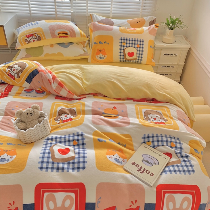 91家纺网 家纺一手货源 找家纺 澳萝拉 2022新款牛奶绒印花四件套 ins萌趣