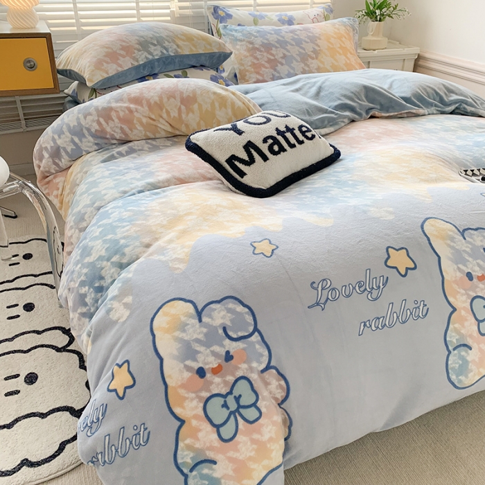 91家纺网 家纺一手货源 找家纺 澳萝拉 2022新款牛奶绒印花四件套 千鸟格兔