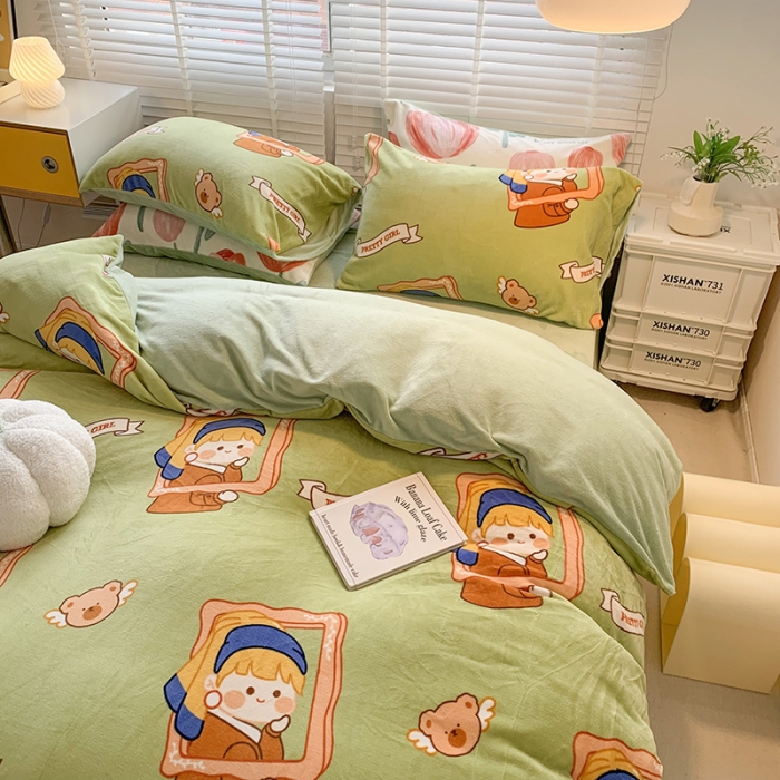 91家纺网 家纺一手货源 找家纺 澳萝拉 2022新款牛奶绒印花四件套 珍珠女孩