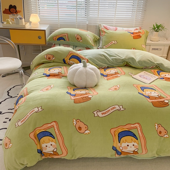 91家纺网 家纺一手货源 找家纺 澳萝拉 2022新款牛奶绒印花四件套 珍珠女孩