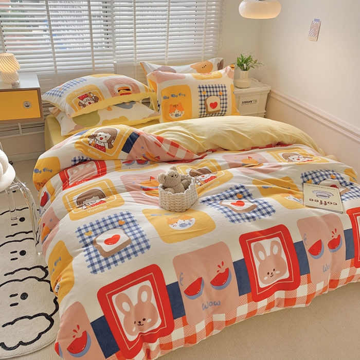 91家纺网 家纺一手货源 找家纺 澳萝拉 2022新款牛奶绒印花四件套 ins萌趣