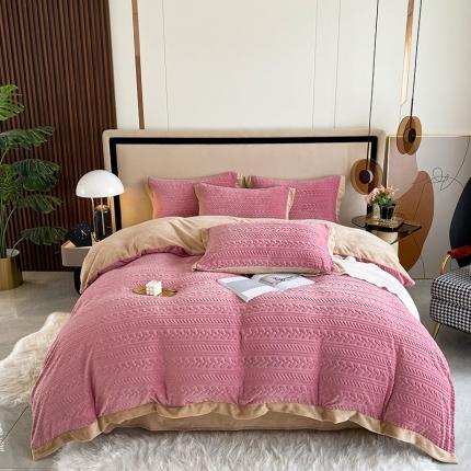 91家纺网 家纺一手货源 找家纺 铠畅 2022新款230克轻奢简约烂花绒牛奶绒剪花四件套 艾薇-粉