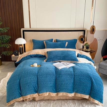 91家纺网 家纺一手货源 找家纺 铠畅 2022新款230克轻奢简约烂花绒牛奶绒剪花四件套 艾薇-蓝